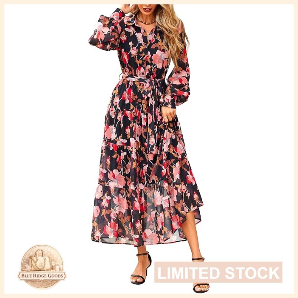 Boho Floral Maxi Dress Long Sleeve Button Down Belted Tiered Wedding Guest
